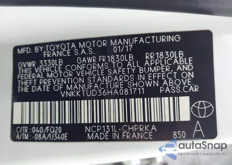 2017 Toyota Yaris L from USA, damaged, VIN VNKKTUD36HA081711